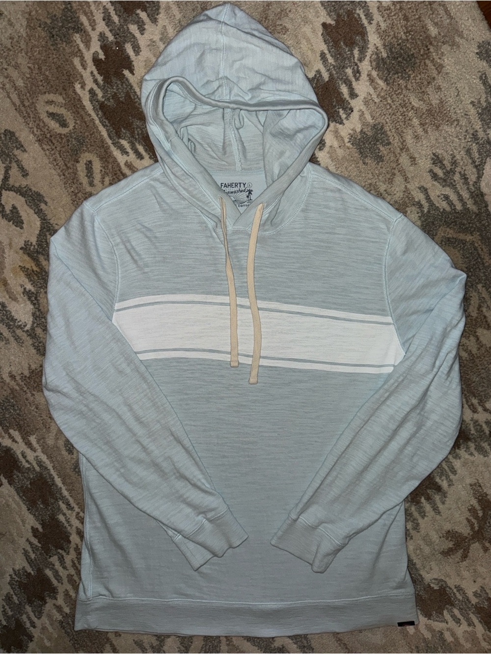 Faherty Sunwashed Organic Hoodie Pullover Pale Blue with White Chest Stripe L